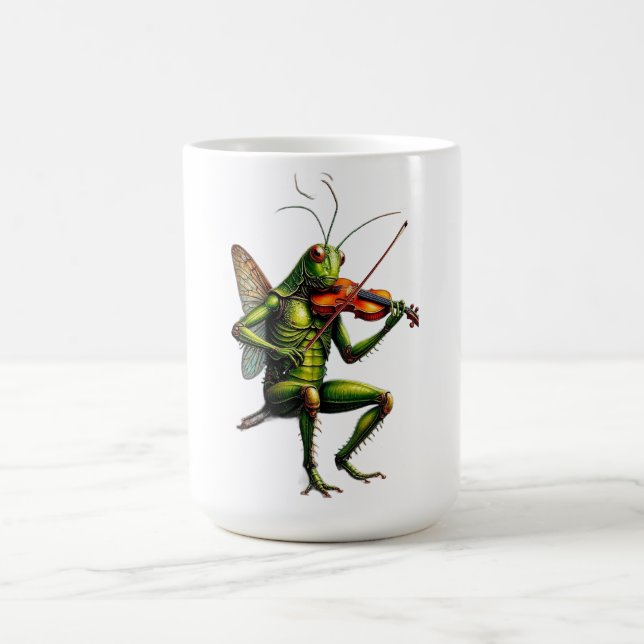 Whimsical Fiddler Grasshopper Graphic Long Sleeve  Coffee Mug (Center)
