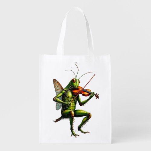 Whimsical Fiddler Grasshopper Graphic Long Sleeve Grocery Bag