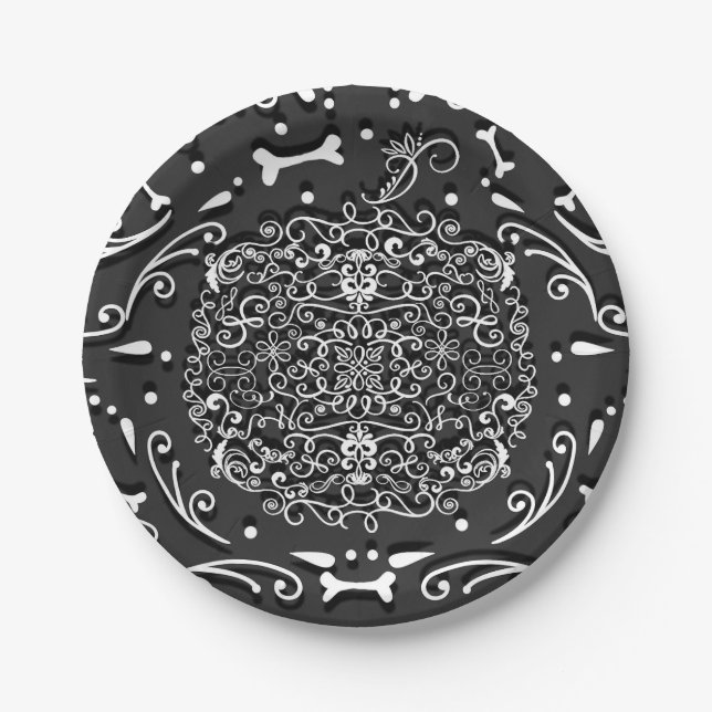 Whimsical Filigree Pumpkin & Bones Vintage Chalk Paper Plates (Front)