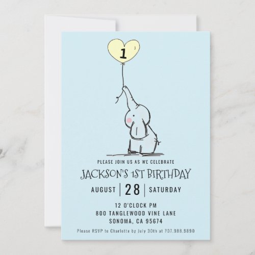 Whimsical First Birthday  Elephant Blue Invitation