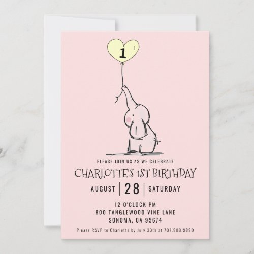 Whimsical First Birthday  Elephant Pink Invitation