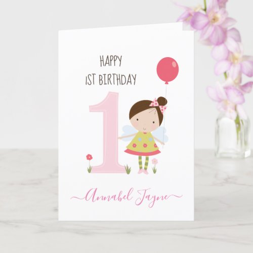 Whimsical first birthday fairy girls cute pink card