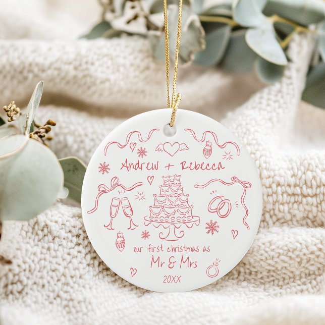 Whimsical first christmas married handdrawn doodle ceramic ornament (Creator Uploaded)