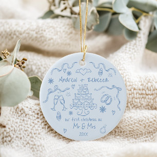 Whimsical first christmas married handdrawn doodle ceramic ornament