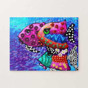 Whimsical Fish Trio Colorful Abstract Nautical Jigsaw Puzzle