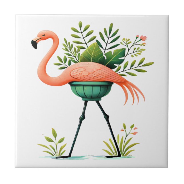 Whimsical FLAMINGO and Plants Ceramic Tile (Front)