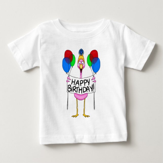 Whimsical Flamingo Happy Birthday Balloons Baby T-Shirt (Front)