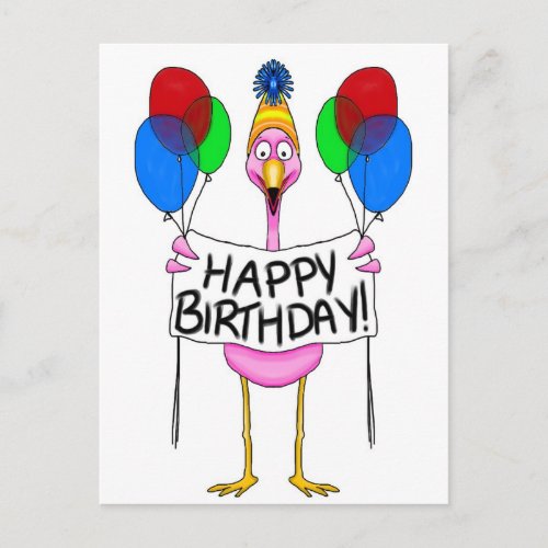 Whimsical Flamingo Happy Birthday Balloons Postcard