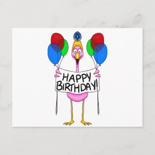 Whimsical Flamingo Happy Birthday Balloons Postcard