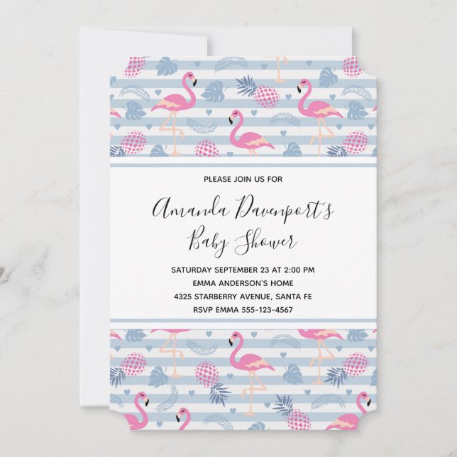 Whimsical Flamingo & Pineapple Pattern Baby Shower Invitation (Front)