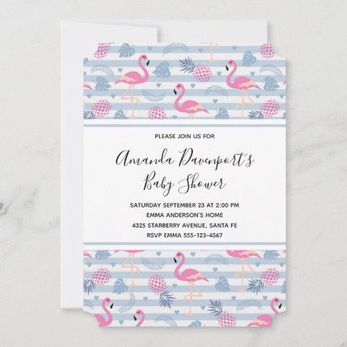 Whimsical Flamingo  Pineapple Pattern Baby Shower Invitation