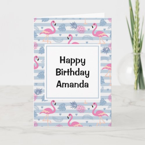 Whimsical Flamingo  Pineapple Pattern Birthday Card