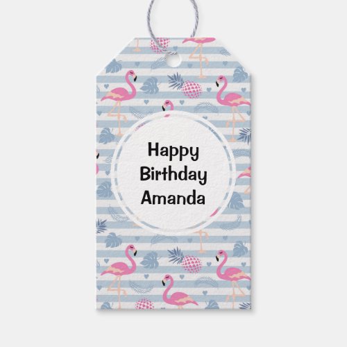 Whimsical Flamingo  Pineapple Pattern Birthday Gift Tags