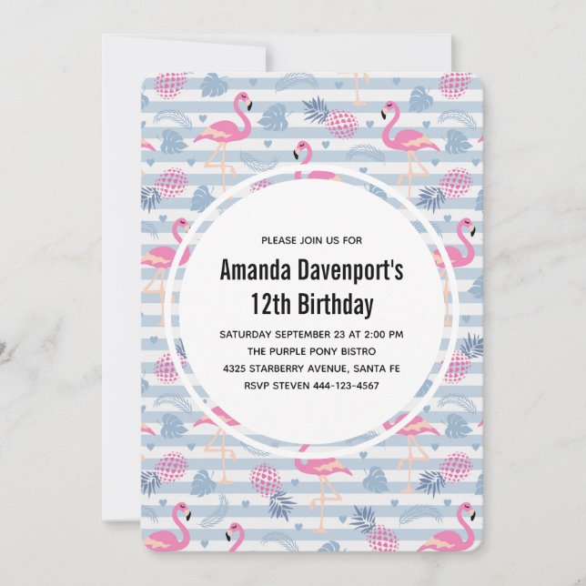 Whimsical Flamingo & Pineapple Pattern Birthday Invitation (Front)