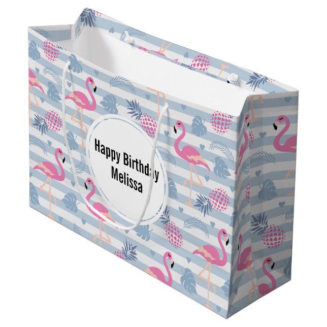 Whimsical Flamingo & Pineapple Pattern Birthday Large Gift Bag (Front Angled)