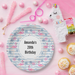 Whimsical Flamingo & Pineapple Pattern Birthday Paper Plates