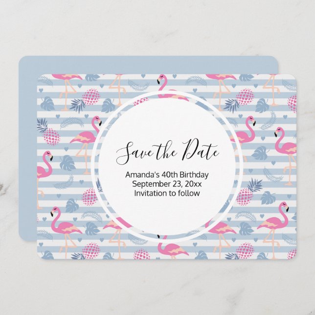 Whimsical Flamingo & Pineapple Pattern Birthday Save The Date (Front/Back)