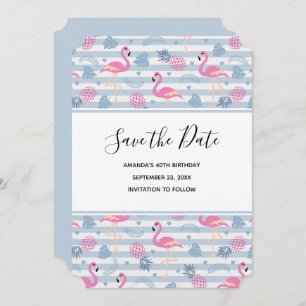 Whimsical Flamingo & Pineapple Pattern Birthday Save The Date