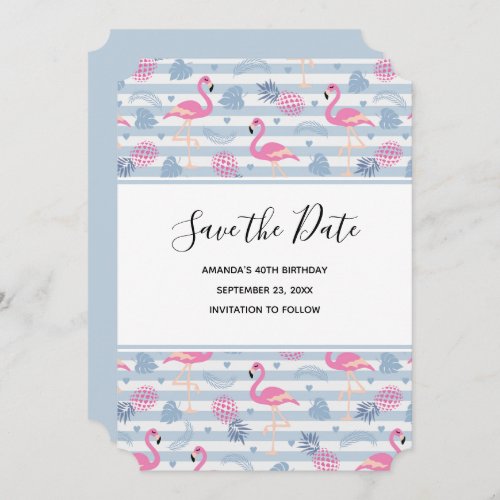 Whimsical Flamingo  Pineapple Pattern Birthday Save The Date