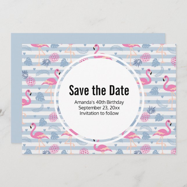 Whimsical Flamingo & Pineapple Pattern Birthday Save The Date (Front/Back)