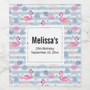 Whimsical Flamingo & Pineapple Pattern Birthday Wine Label