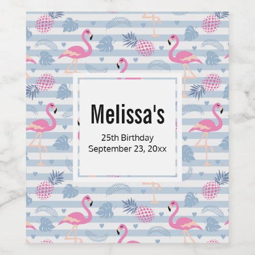 Whimsical Flamingo  Pineapple Pattern Birthday Wine Label