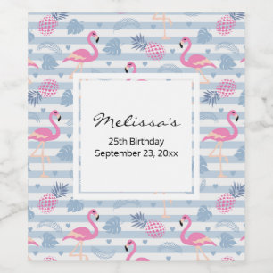 Whimsical Flamingo & Pineapple Pattern Birthday Wine Label