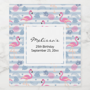 Whimsical Flamingo & Pineapple Pattern Birthday Wine Label