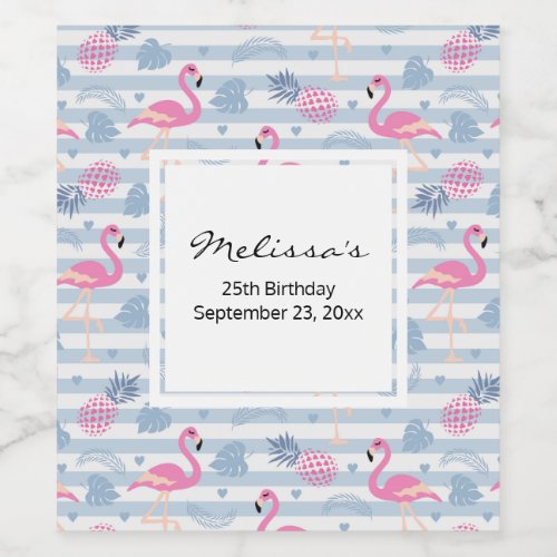 Whimsical Flamingo  Pineapple Pattern Birthday Wine Label