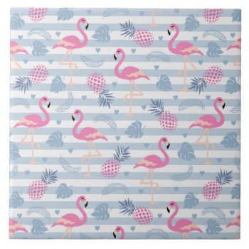 Whimsical Flamingo & Pineapple Pattern Ceramic Tile by Mirribug at Zazzle