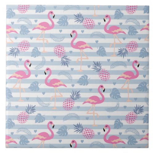 Whimsical Flamingo  Pineapple Pattern Ceramic Tile