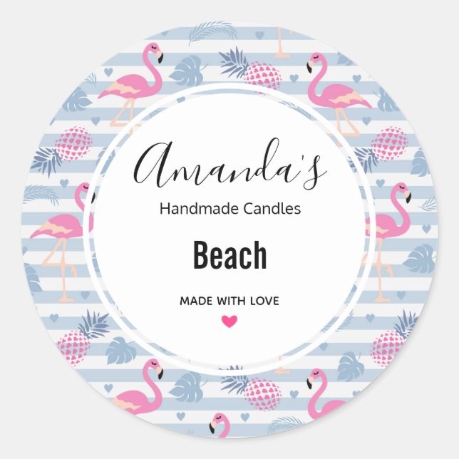 Whimsical Flamingo & Pineapple Pattern Classic Round Sticker (Front)