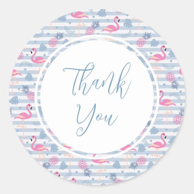 Whimsical Flamingo & Pineapple Pattern Classic Round Sticker (Front)