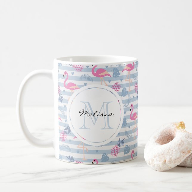 Whimsical Flamingo & Pineapple Pattern Coffee Mug (With Donut)
