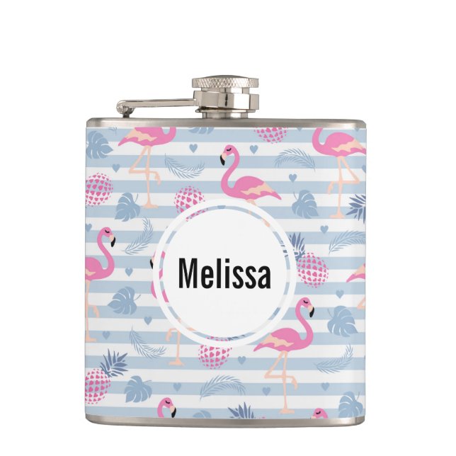  Whimsical Flamingo & Pineapple Pattern Flask (Front)