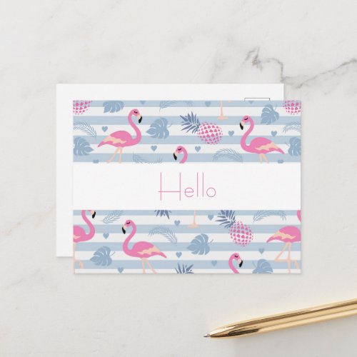 Whimsical Flamingo  Pineapple Pattern Hello Postcard