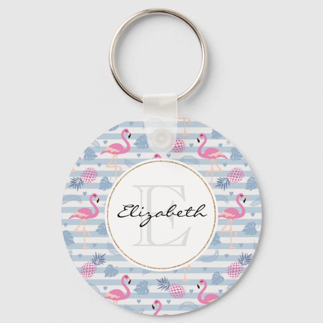 Whimsical Flamingo & Pineapple Pattern Keychain (Front)