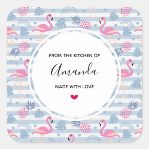 Whimsical Flamingo & Pineapple Pattern Kitchen Square Sticker