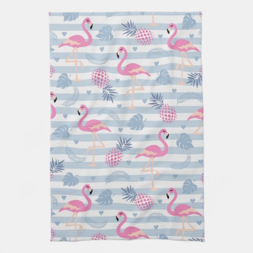Whimsical Flamingo  Pineapple Pattern Kitchen Towel