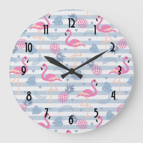 Whimsical Flamingo  Pineapple Pattern Large Clock