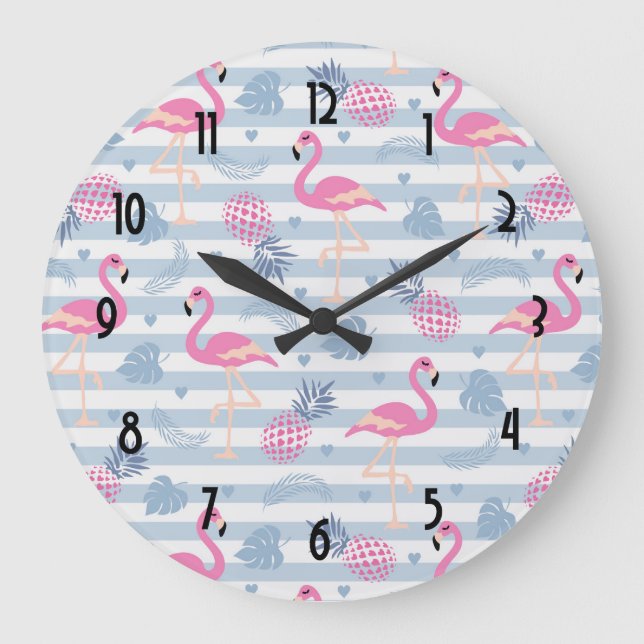Whimsical Flamingo & Pineapple Pattern Large Clock (Front)