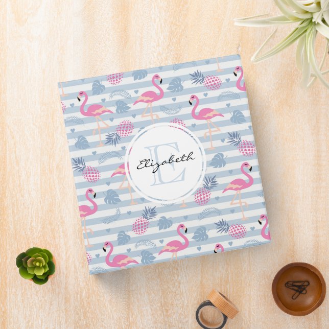 Whimsical Flamingo & Pineapple Pattern Monogram 3 Ring Binder (In Situ)