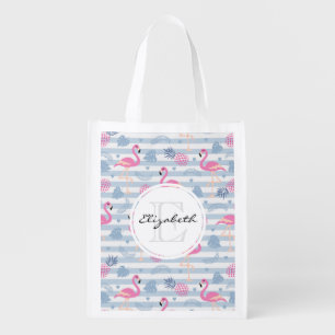 Whimsical Flamingo & Pineapple Pattern Monogram Grocery Bag