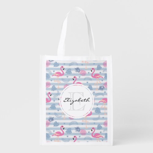 Whimsical Flamingo  Pineapple Pattern Monogram Grocery Bag