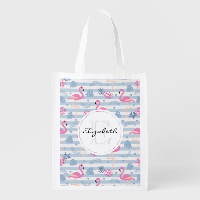 Whimsical Flamingo & Pineapple Pattern Monogram Grocery Bag (Front)