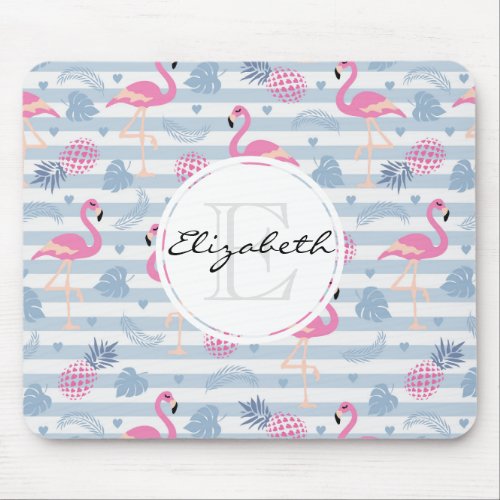 Whimsical Flamingo  Pineapple Pattern Monogram Mouse Pad