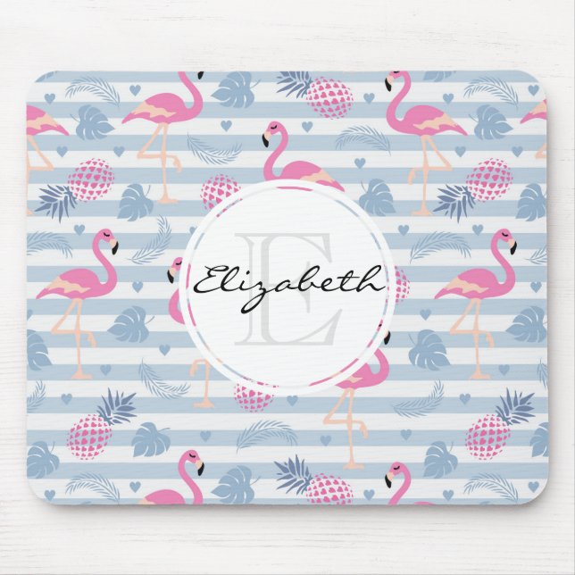 Whimsical Flamingo & Pineapple Pattern Monogram Mouse Pad (Front)