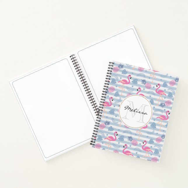 Whimsical Flamingo & Pineapple Pattern Monogram Notebook (Inside)