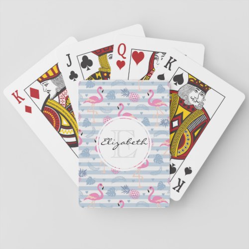 Whimsical Flamingo  Pineapple Pattern Monogram Playing Cards