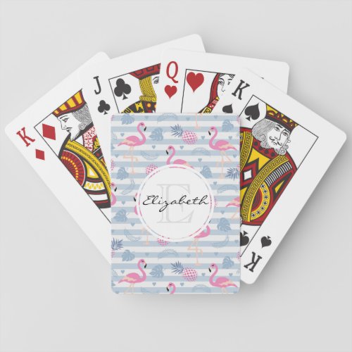 Whimsical Flamingo  Pineapple Pattern Monogram Poker Cards